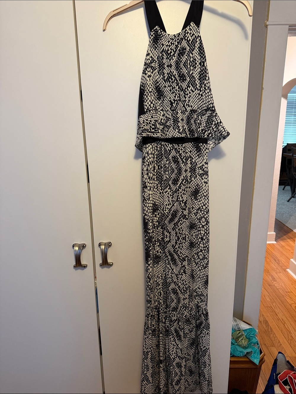 Parker Black and White Snake-Print Halter Peplum Maxi Dress 100% silk